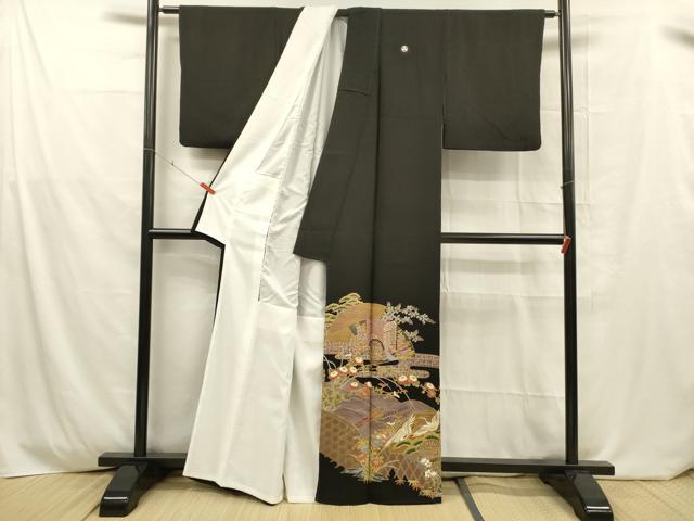 平和屋着物■豪華黒留袖　扇面飛鶴御所車花文　金彩　正絹　逸品　DABD6746cm