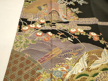 平和屋着物■豪華黒留袖　扇面飛鶴御所車花文　金彩　正絹　逸品　DABD6746cm