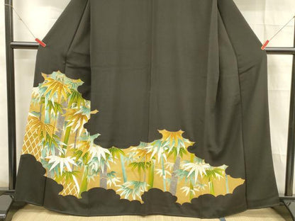 平和屋着物■豪華黒留袖　駒刺繍　笹竹文　金彩　正絹　逸品　DABD6833cm