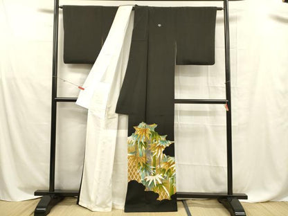 平和屋着物■豪華黒留袖　駒刺繍　笹竹文　金彩　正絹　逸品　DABD6833cm