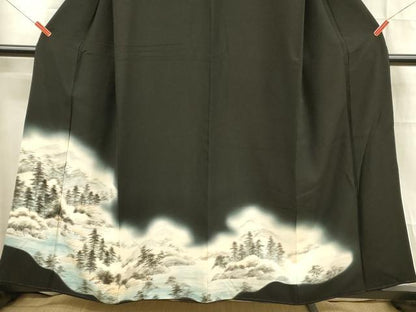 平和屋着物■豪華黒留袖　手描き　風景文　暈し染め　正絹　逸品　DABD6836cm