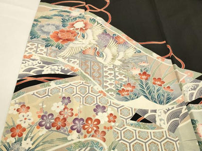 平和屋着物■豪華黒留袖　駒刺繍　飛鶴草花文　松竹梅　正絹　逸品　DABD6837cm