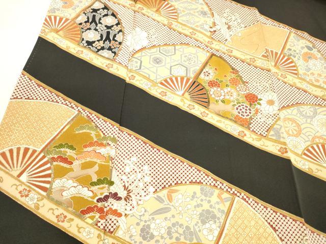 平和屋着物□豪華黒留袖 駒刺繍 扇面群鶴花文 金彩 正絹