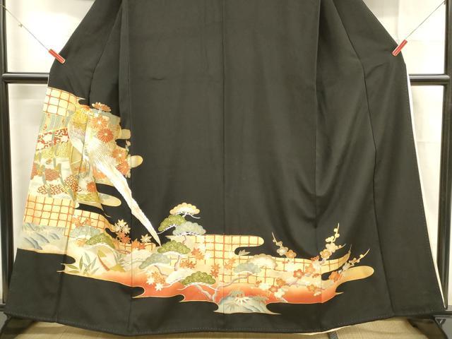 平和屋着物■豪華黒留袖　駒刺繍　尾長鳥梅松文　金銀彩　正絹　逸品　DABD6840cm