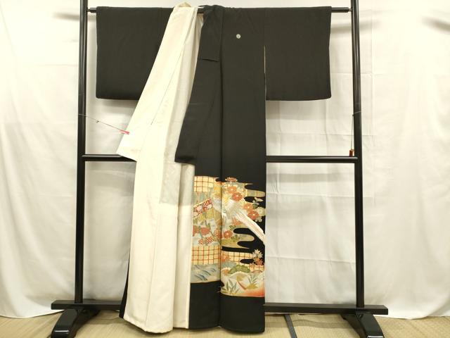 平和屋着物■豪華黒留袖　駒刺繍　尾長鳥梅松文　金銀彩　正絹　逸品　DABD6840cm