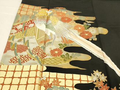 平和屋着物■豪華黒留袖　駒刺繍　尾長鳥梅松文　金銀彩　正絹　逸品　DABD6840cm