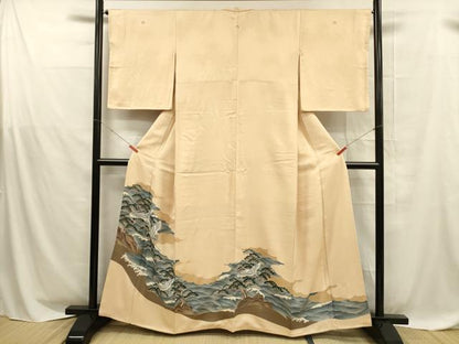 平和屋着物■豪華色留袖　刺繍　飛鶴流水松文　金銀彩　正絹　逸品　DABD6857cm