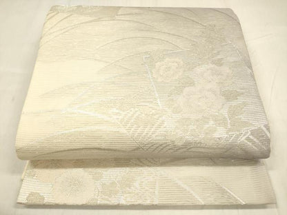 平和屋着物＊夏物 六通柄袋帯 流水草花文 銀糸 正絹 逸品 DABD6870cm