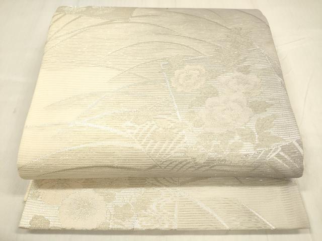 平和屋着物＊夏物 六通柄袋帯 流水草花文 銀糸 正絹 逸品 DABD6870cm
