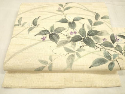 平和屋着物＊夏物 九寸名古屋帯 手描き 草花文 銀彩 麻 逸品 DABD6871cm