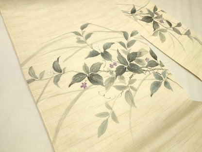 平和屋着物＊夏物 九寸名古屋帯 手描き 草花文 銀彩 麻 逸品 DABD6871cm