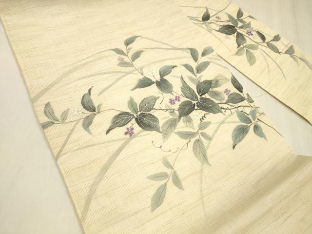 平和屋着物＊夏物 九寸名古屋帯 手描き 草花文 銀彩 麻 逸品 DABD6871cm