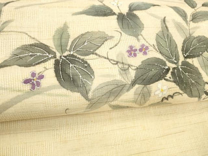 平和屋着物＊夏物 九寸名古屋帯 手描き 草花文 銀彩 麻 逸品 DABD6871cm