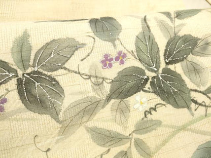 平和屋着物＊夏物 九寸名古屋帯 手描き 草花文 銀彩 麻 逸品 DABD6871cm
