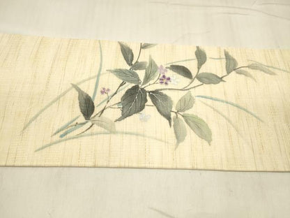 平和屋着物＊夏物 九寸名古屋帯 手描き 草花文 銀彩 麻 逸品 DABD6871cm