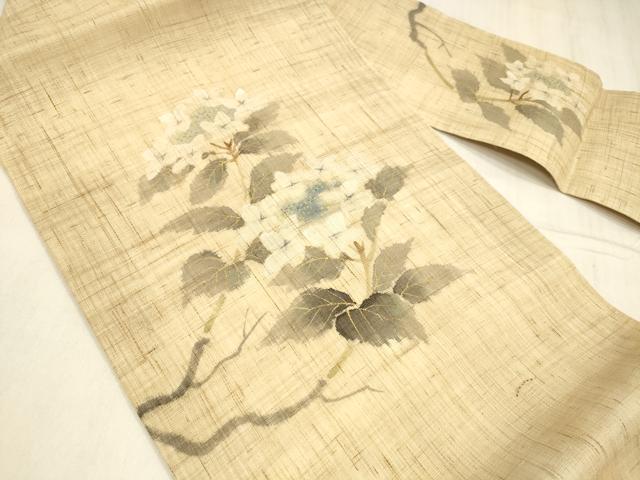 平和屋着物＊夏物 染色作家 桐山紫香 手描き 九寸名古屋帯 手描き 枝花文 金彩 麻 逸品 DABD6872cm