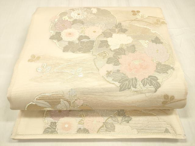 平和屋着物＊夏物 六通柄袋帯 雪輪草花文 金銀糸 正絹 逸品 DABD6875cm