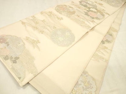 平和屋着物＊夏物 六通柄袋帯 雪輪草花文 金銀糸 正絹 逸品 DABD6875cm