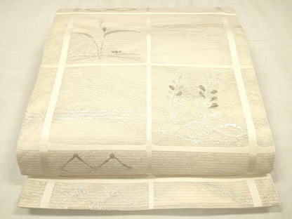 平和屋着物＊夏物 六通柄袋帯 草葉文 銀糸 正絹 逸品 DABD6880cm
