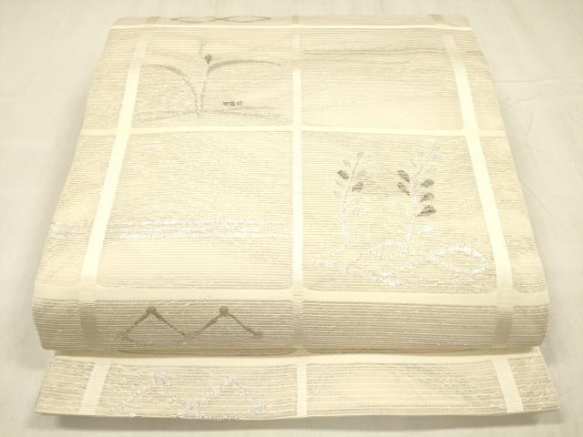 平和屋着物＊夏物 六通柄袋帯 草葉文 銀糸 正絹 逸品 DABD6880cm