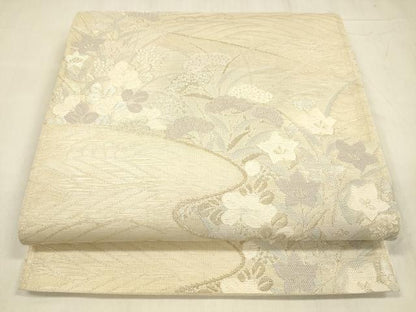 平和屋着物＊夏物 六通柄袋帯 流水草花文 銀糸 正絹 逸品 DABD6884cm