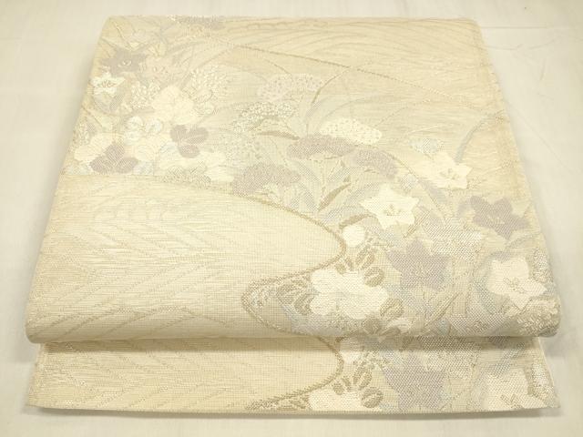 平和屋着物＊夏物 六通柄袋帯 流水草花文 銀糸 正絹 逸品 DABD6884cm