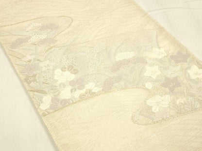 平和屋着物＊夏物 六通柄袋帯 流水草花文 銀糸 正絹 逸品 DABD6884cm