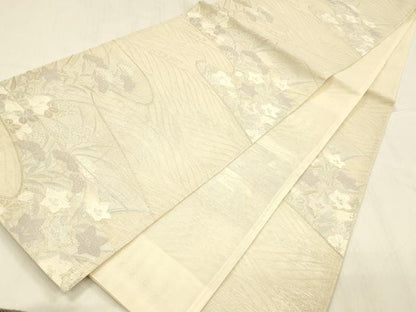 平和屋着物＊夏物 六通柄袋帯 流水草花文 銀糸 正絹 逸品 DABD6884cm