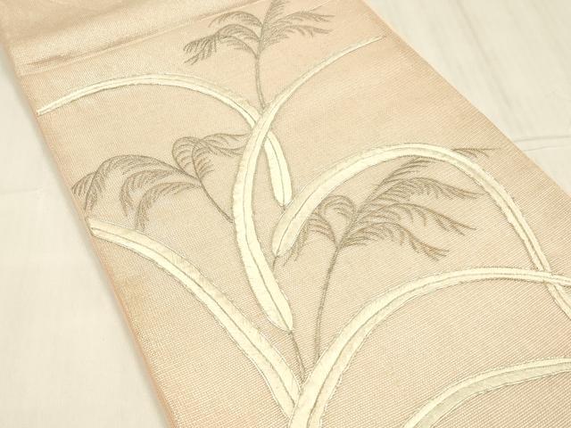 平和屋着物＊夏物 太鼓柄袋帯 駒刺繍 総刺繍 草葉文 銀糸 正絹 逸品 DABD6887cm