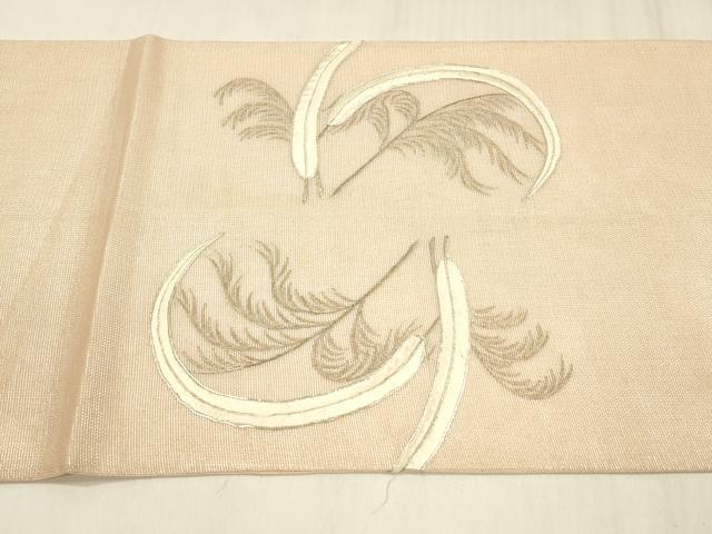 平和屋着物＊夏物 太鼓柄袋帯 駒刺繍 総刺繍 草葉文 銀糸 正絹 逸品 DABD6887cm