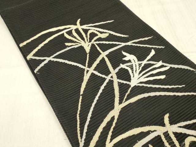平和屋着物＊夏物 絽綴れ 太鼓柄袋帯 草葉文 黒地 金銀糸 正絹 逸品 DABD6888cm