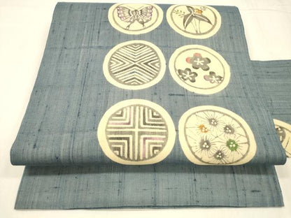 平和屋着物＊夏物 九寸名古屋帯 型染 花蝶丸文 正絹 逸品 DABD6896cm