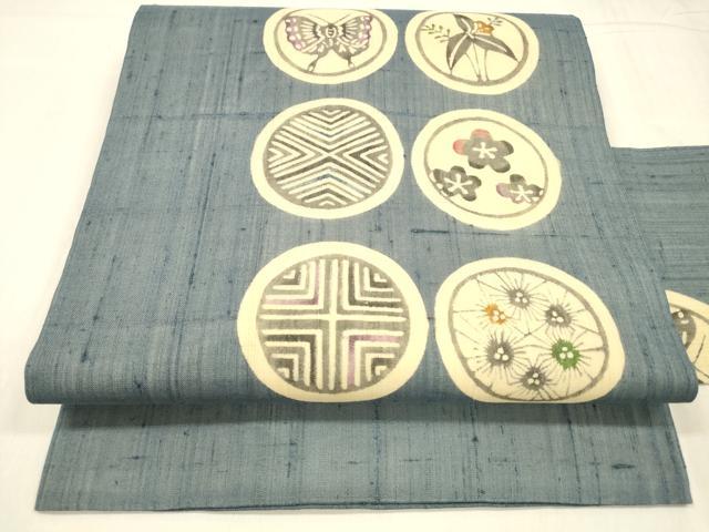 平和屋着物＊夏物 九寸名古屋帯 型染 花蝶丸文 正絹 逸品 DABD6896cm