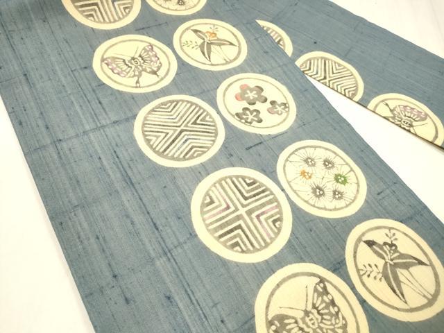 平和屋着物＊夏物 九寸名古屋帯 型染 花蝶丸文 正絹 逸品 DABD6896cm