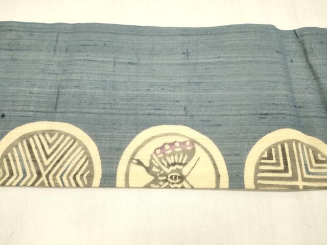 平和屋着物＊夏物 九寸名古屋帯 型染 花蝶丸文 正絹 逸品 DABD6896cm