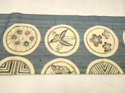 平和屋着物＊夏物 九寸名古屋帯 型染 花蝶丸文 正絹 逸品 DABD6896cm
