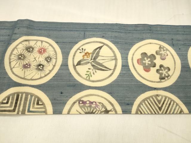 平和屋着物＊夏物 九寸名古屋帯 型染 花蝶丸文 正絹 逸品 DABD6896cm