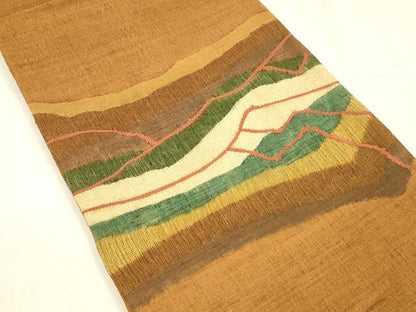 平和屋着物▽太鼓柄袋帯　スリーシーズン　春夏秋　すくい織　抽象文様　正絹　逸品　DABD6900cm