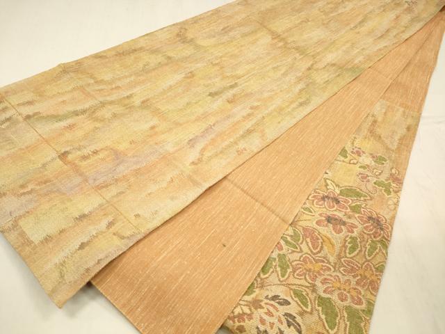 平和屋着物▽六通柄袋帯　スリーシーズン　春夏秋　向かい鳥更紗花文　銀糸　正絹　逸品　DABD6902cm