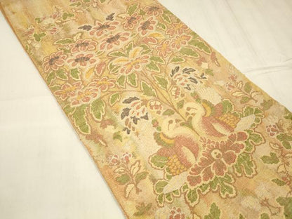 平和屋着物▽六通柄袋帯　スリーシーズン　春夏秋　向かい鳥更紗花文　銀糸　正絹　逸品　DABD6902cm