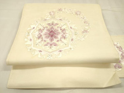 平和屋着物＊夏物 九寸名古屋帯 総刺繍 草花文 銀糸 正絹 逸品 DABD6930cm