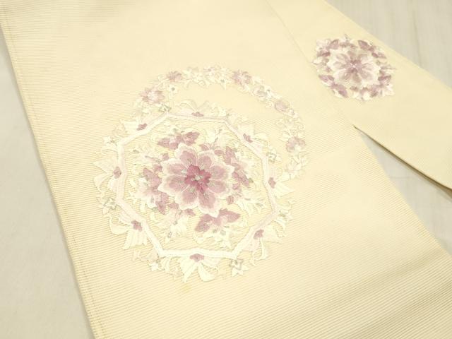 平和屋着物＊夏物 九寸名古屋帯 総刺繍 草花文 銀糸 正絹 逸品 DABD6930cm