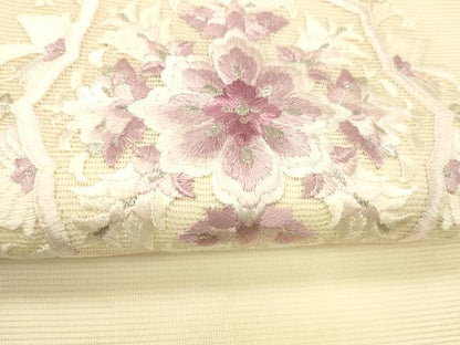 平和屋着物＊夏物 九寸名古屋帯 総刺繍 草花文 銀糸 正絹 逸品 DABD6930cm
