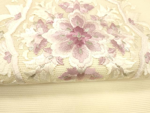 平和屋着物＊夏物 九寸名古屋帯 総刺繍 草花文 銀糸 正絹 逸品 DABD6930cm