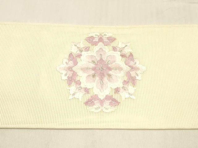 平和屋着物＊夏物 九寸名古屋帯 総刺繍 草花文 銀糸 正絹 逸品 DABD6930cm