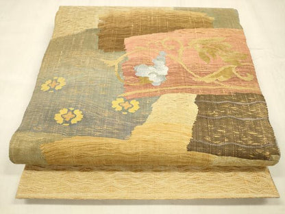 平和屋着物▽両面 太鼓柄袋帯 スリーシーズン 春夏秋 すくい織 花唐草文 間道 金糸 正絹 逸品 DABD6934cm