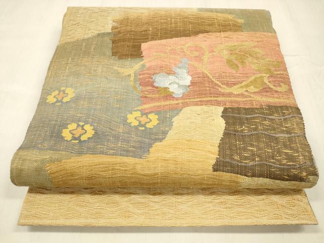 平和屋着物▽両面 太鼓柄袋帯 スリーシーズン 春夏秋 すくい織 花唐草文 間道 金糸 正絹 逸品 DABD6934cm