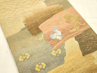 平和屋着物▽両面 太鼓柄袋帯 スリーシーズン 春夏秋 すくい織 花唐草文 間道 金糸 正絹 逸品 DABD6934cm