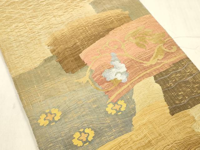 平和屋着物▽両面 太鼓柄袋帯 スリーシーズン 春夏秋 すくい織 花唐草文 間道 金糸 正絹 逸品 DABD6934cm