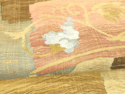平和屋着物▽両面 太鼓柄袋帯 スリーシーズン 春夏秋 すくい織 花唐草文 間道 金糸 正絹 逸品 DABD6934cm